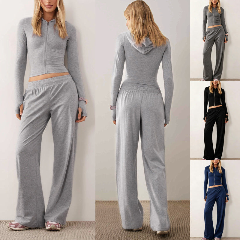 2026 In Stock Autumn Winter European And American Women's Fashion New Casual Hooded Sweatshirt Jacket Solid Color Slim Fit Two Piece Set NorixaFashion.com