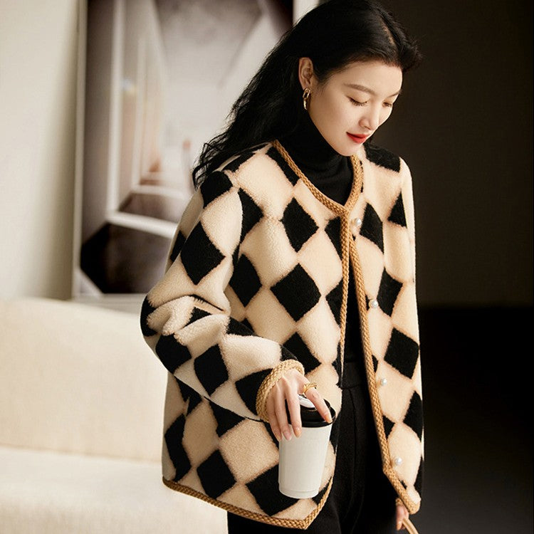 Chessboard Plaid Full Wool Sheepskin Fur Women's Winter Best YouTube Store