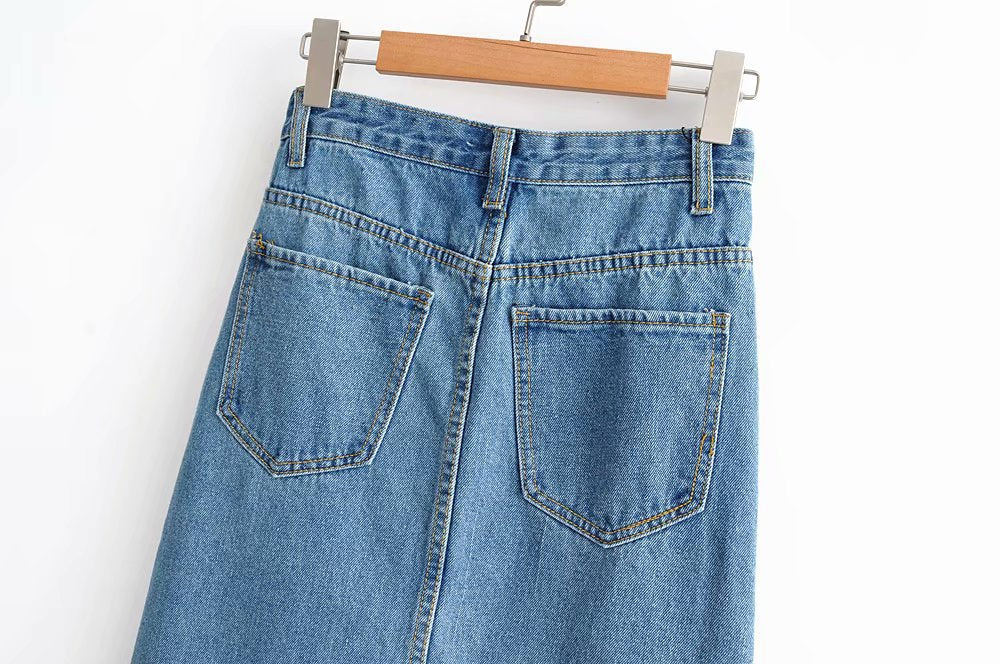 Split Hem Denim Skirt, Bodycon Denim Midi Skirt Pi-Mart