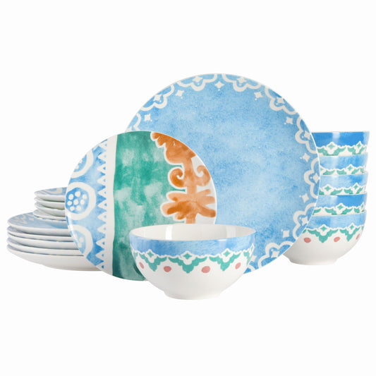 Spice by Tia Mowry Savory Saffron 18 Piece Round Fine Ceramic Dinnerware Set in Golden Blue LuxuryLifeWay Online Store