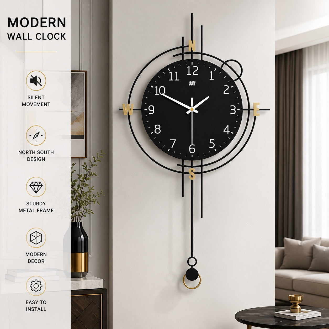 Modern Iron Wall Clock Metal Decorative Home Decor PearlNestDecor.com
