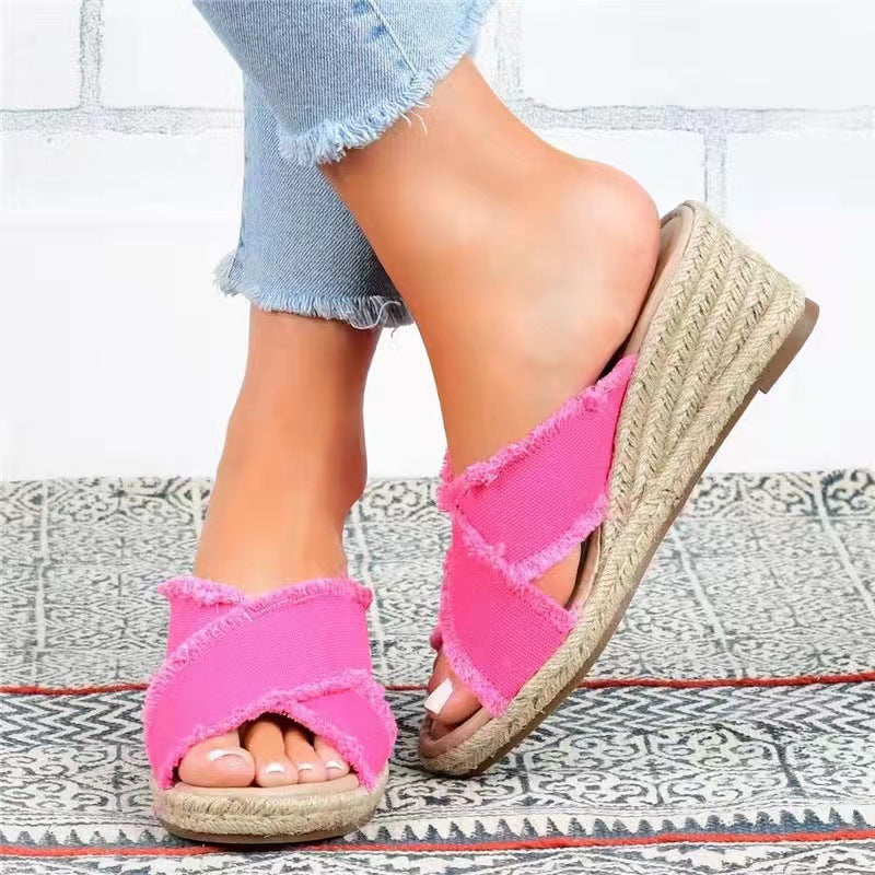 Denim Fashion Hemp Braided Lightweight High Heel Slippers LadyShow.Store
