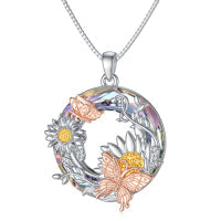 Crystal Sunflower Butterfly Necklace in Rose Gold and Gold Plated Sterling Silver LadyShow.Store