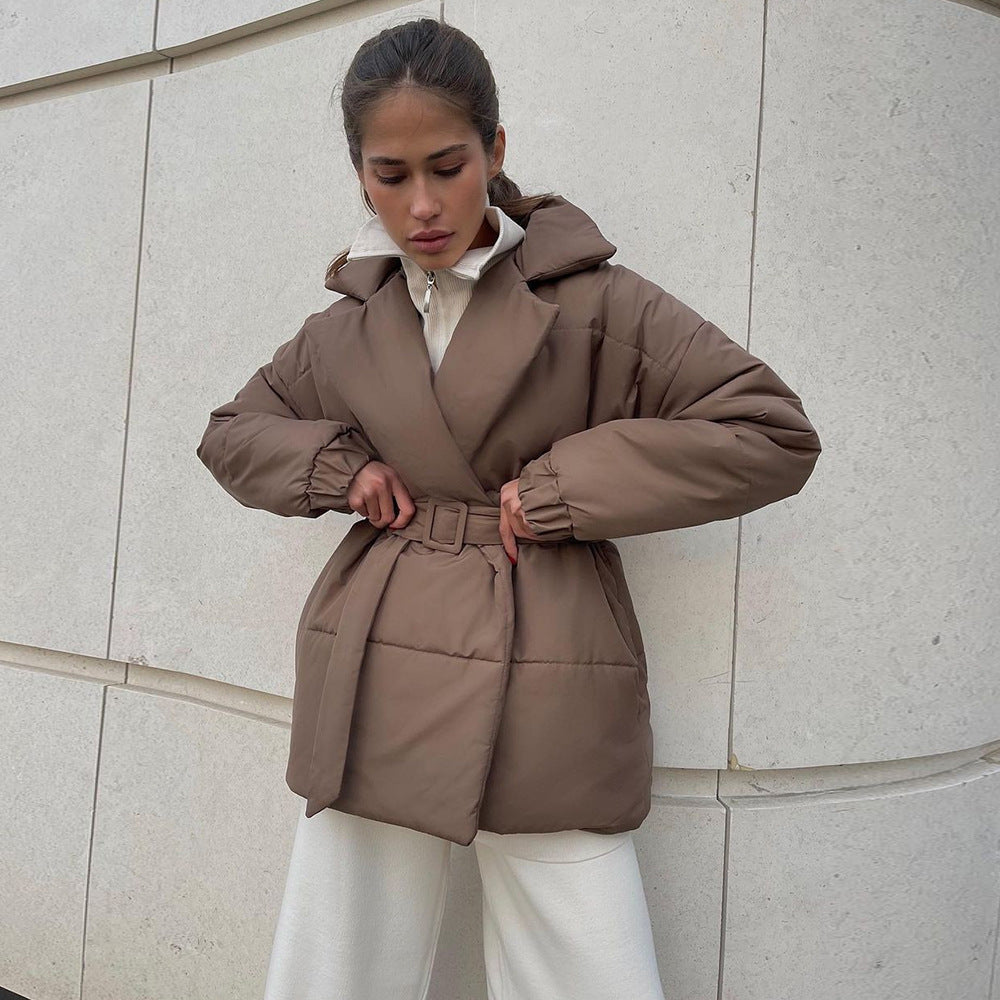 New Thickened Slimming Cinched Cotton-padded Coat Solid Color Belt Cotton Coat Jacket LuxuryLifeWay Online Store