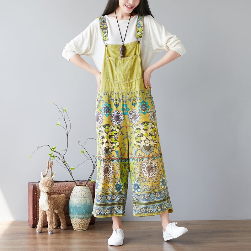Printed Denim Wide-Leg Pants Pi-Mart