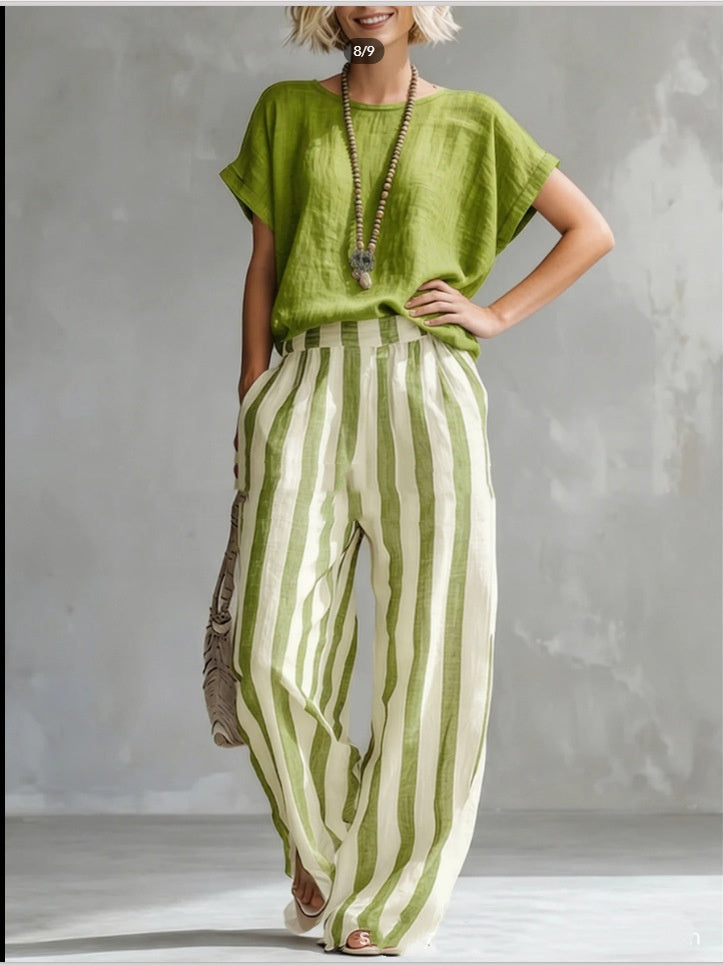 Short-sleeved Trousers Suit Summer Fashion Round Neck Pullover T-Shirt And Striped Print Straight Leg Pants Two-Piece Clothing For Women Best YouTube Store