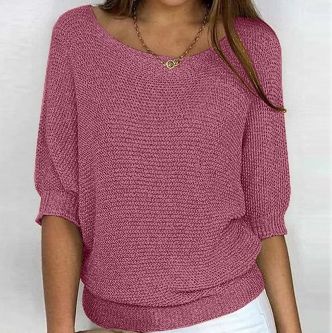 Three-quarter Sleeve Pullover Sweater Fashion Solid Color Loose Round Neck Knitted Top For Women Clothing NorixaFashion.com
