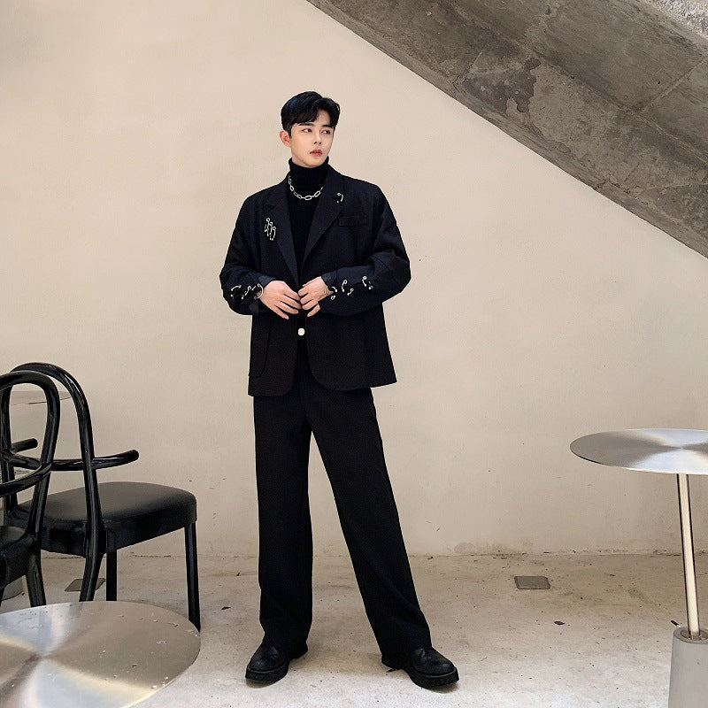 Black Iron Ring Decor Stylish Suit Jacket and Loose Blazer Pi-Mart