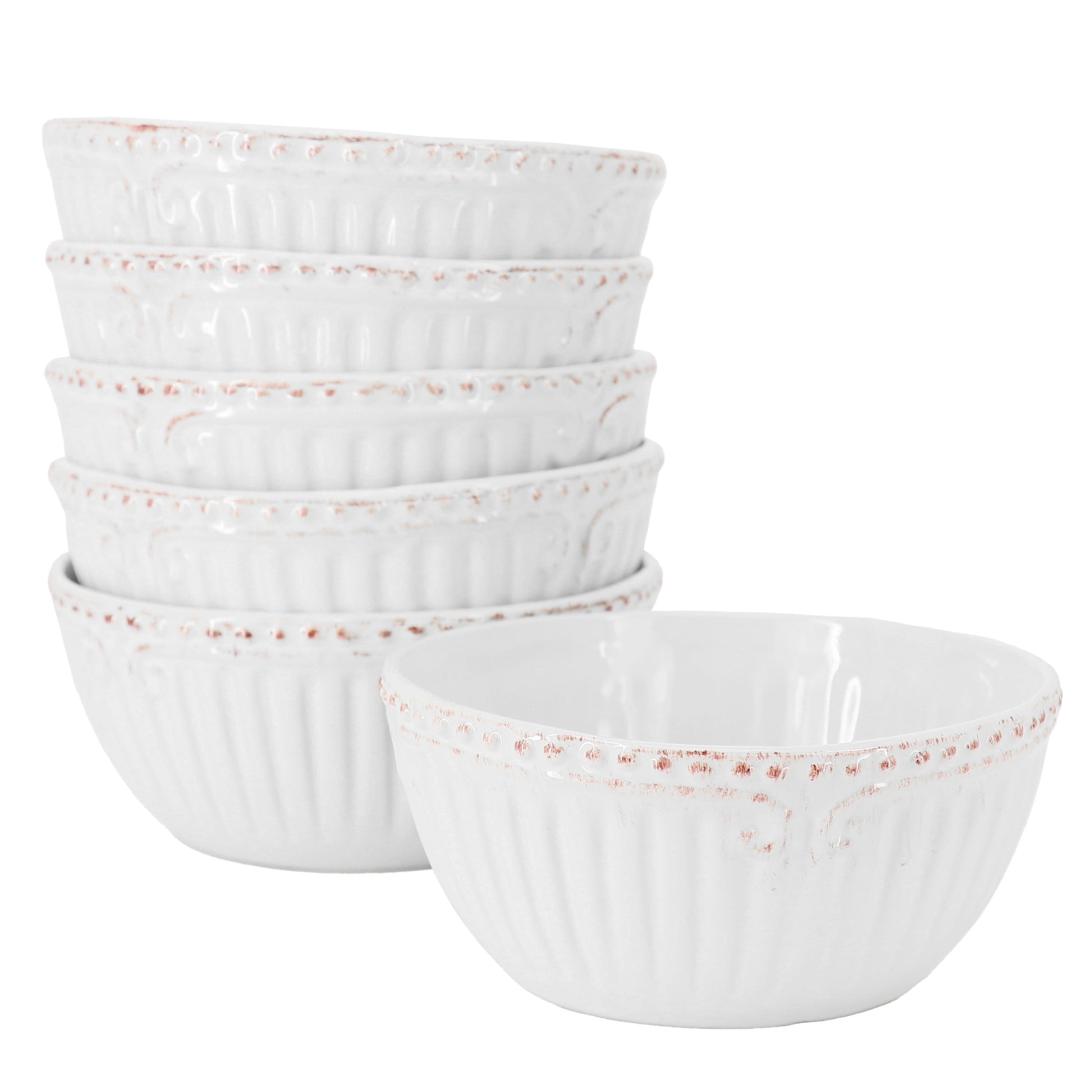 Modern Southern Home Capri 6 Piece 6 Inch Stoneware Embossed Cereal Bowl Set in White LuxuryLifeWay Online Store