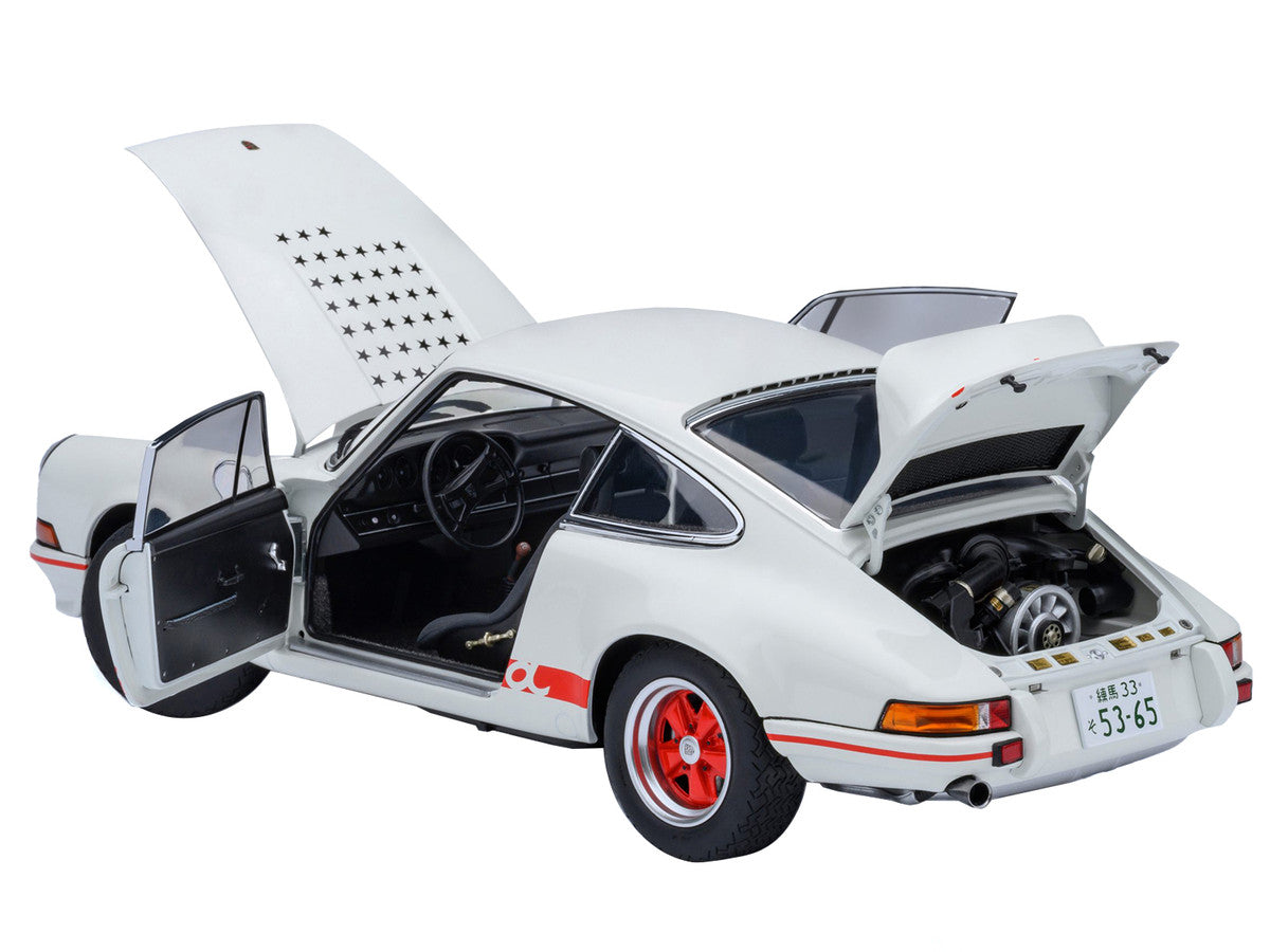 Porsche 911 Carrera 2.7 RS "The Circuit Wolf" White with Red Stripes and Wheels with Hood Graphics 1/18 Model Car by Autoart LuxuryLifeWay Online Store