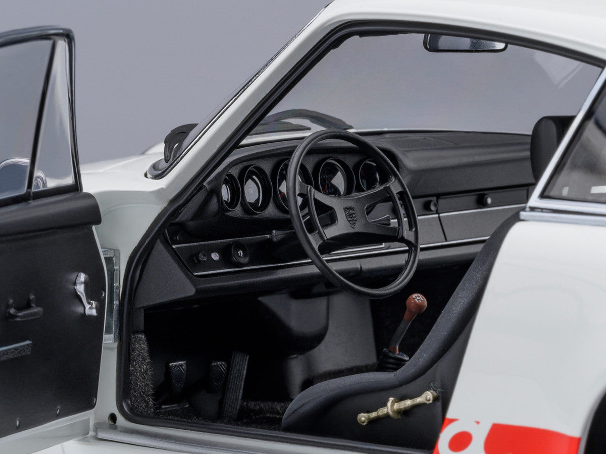Porsche 911 Carrera 2.7 RS "The Circuit Wolf" White with Red Stripes and Wheels with Hood Graphics 1/18 Model Car by Autoart LuxuryLifeWay Online Store