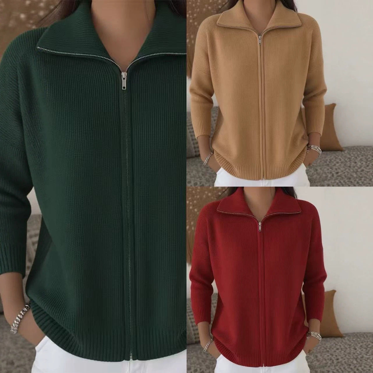 Zip-up Knitted Polo-neck Sweater Cardigan Coat NorixaFashion.com