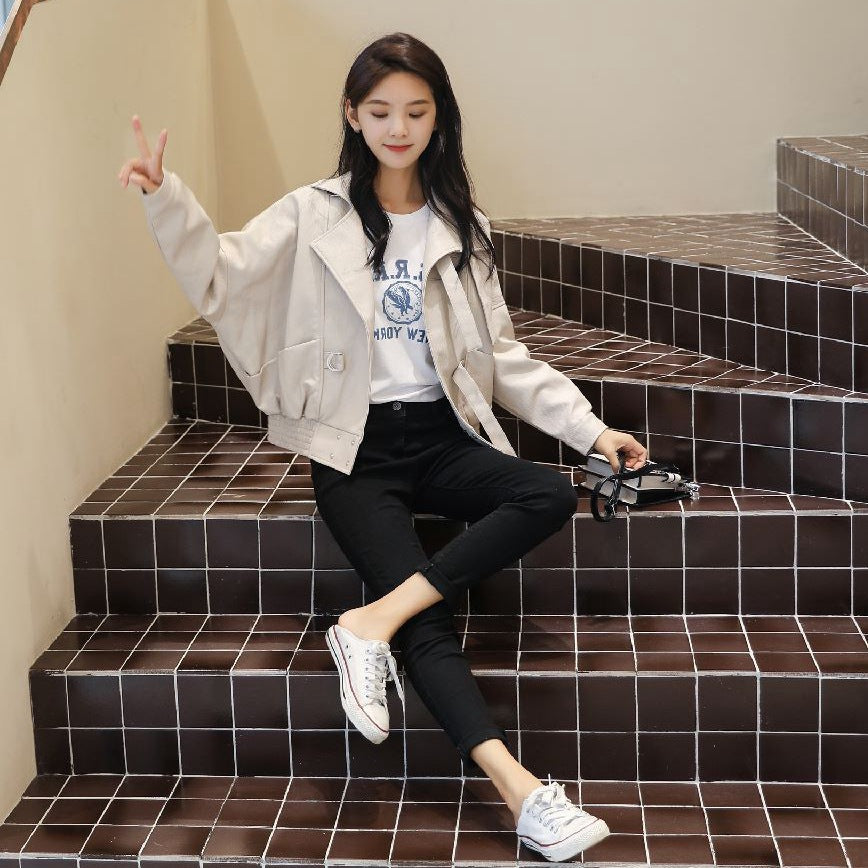 Leather Clothing All-match Beige Loose Motorcycle Jacket Best YouTube Store