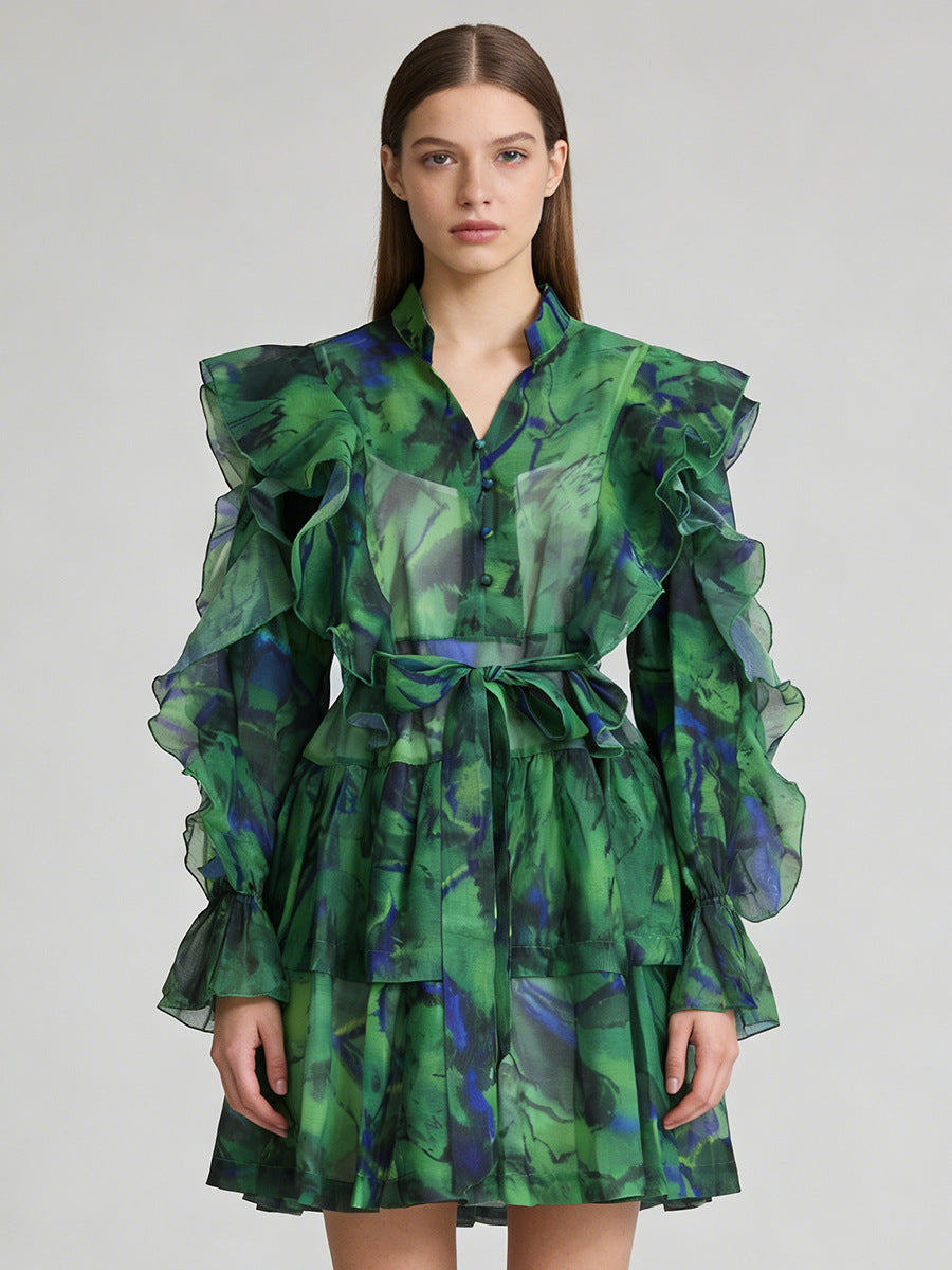 V-neck Ruffled Tie-waist Dress NorixaFashion.com