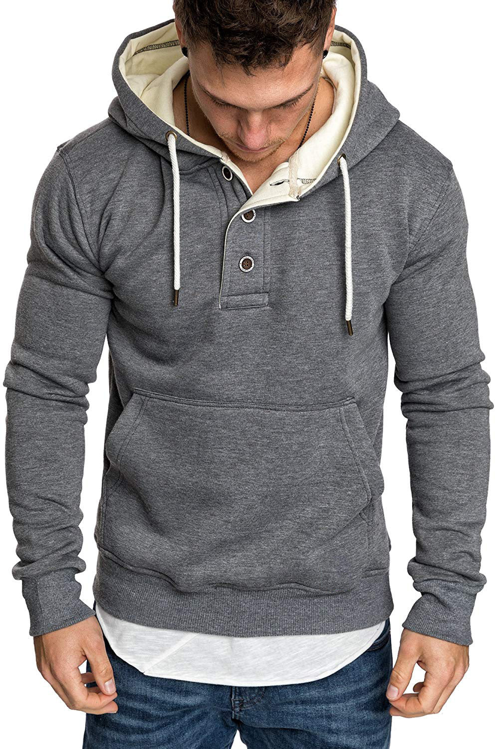 Button-Trim Hooded Fleece Sweatshirt - Cotton Blend Pullover with Pockets