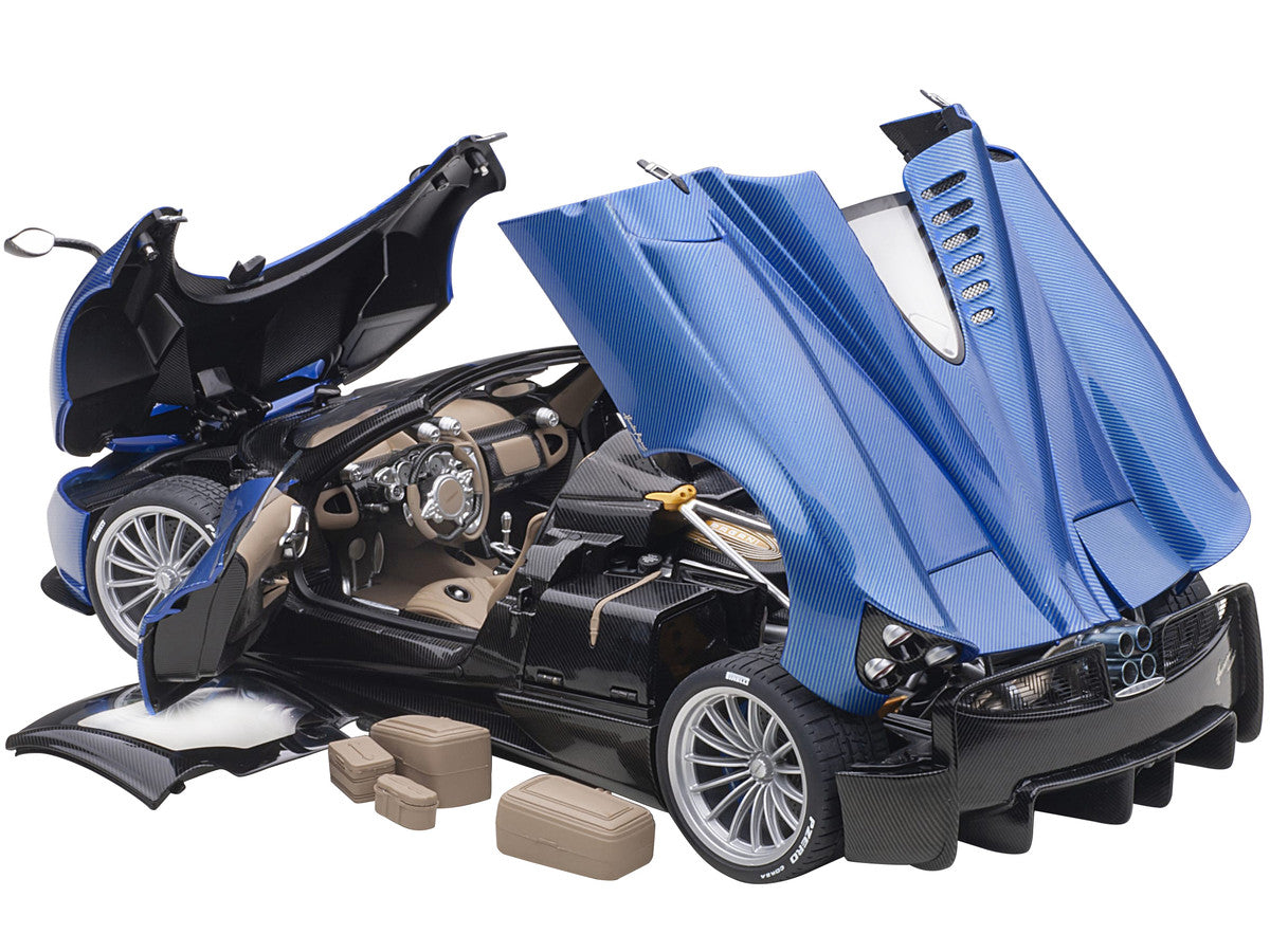 Pagani Huayra Roadster Blue Tricolore Carbon Fiber with Black Top with Luggage Set 1/18 Model Car by Autoart LuxuryLifeWay Online Store