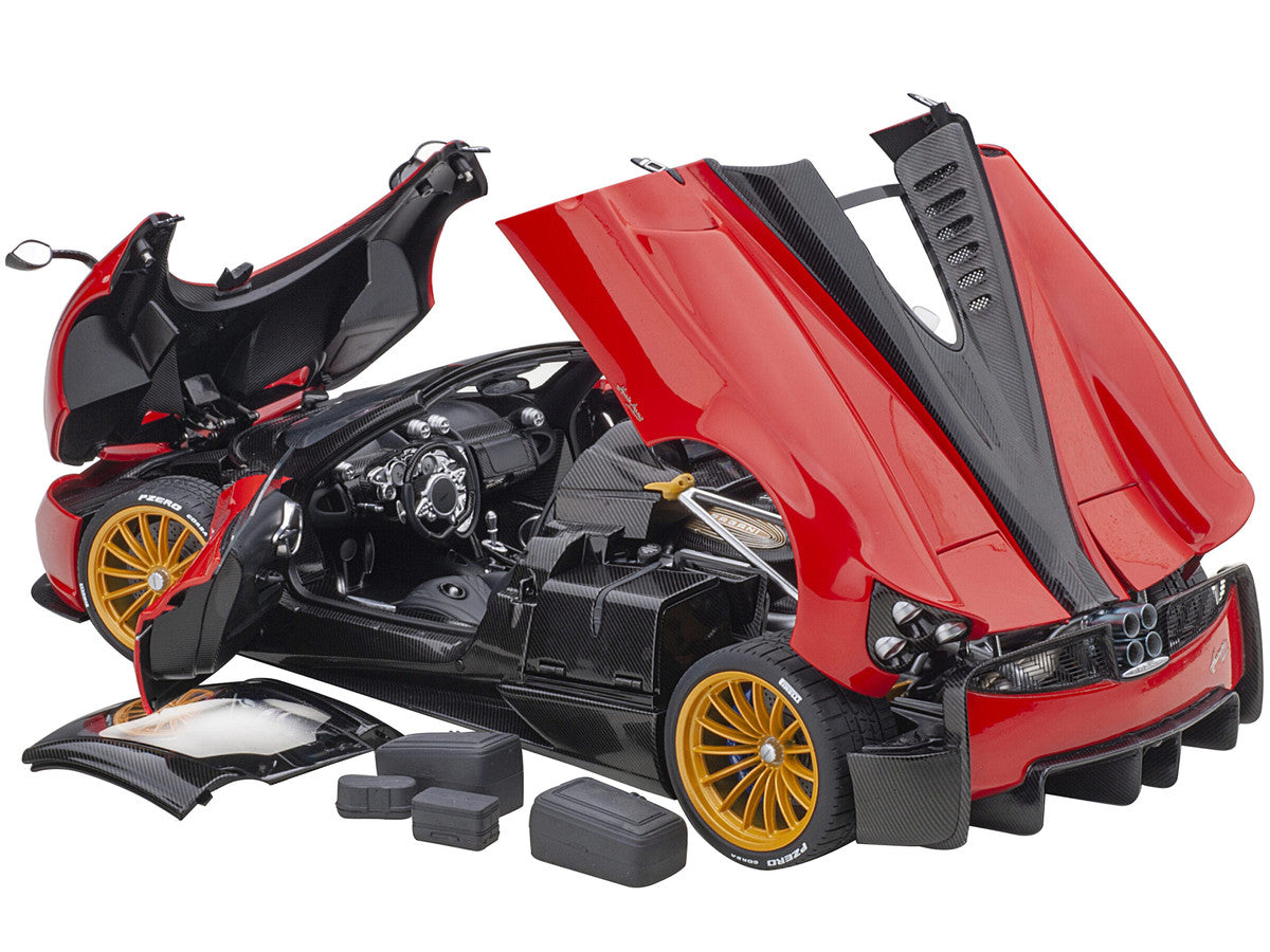 Pagani Huayra Roadster Rosso Monza Red and Carbon with Luggage Set 1/18 Model Car by Autoart LuxuryLifeWay Online Store