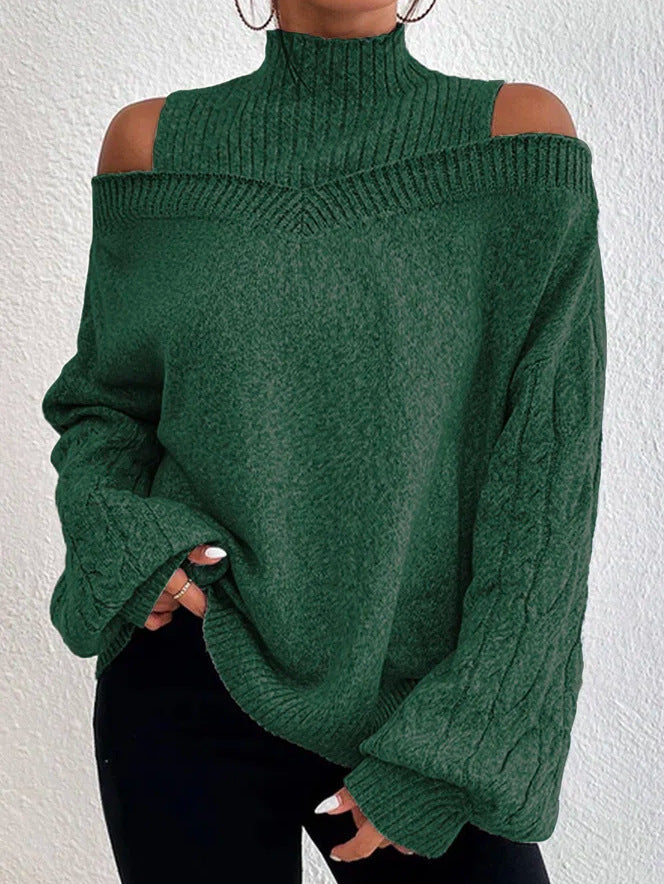 Off-the-shoulder Sweater Women's Pullover Half Turtleneck Autumn And Winter New Lantern Sleeve Sweater NorixaFashion.com
