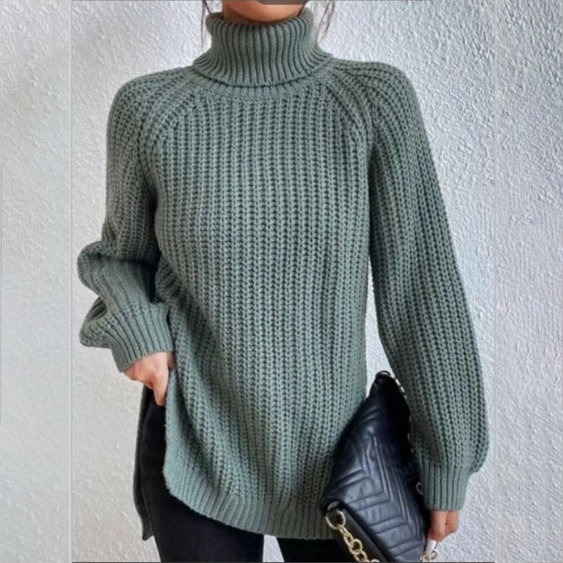 Turtleneck Pullover Sweater With Split Design Fashion Simple Solid Color Long Sleeve Tops Women's Clothing LadyShow.Store