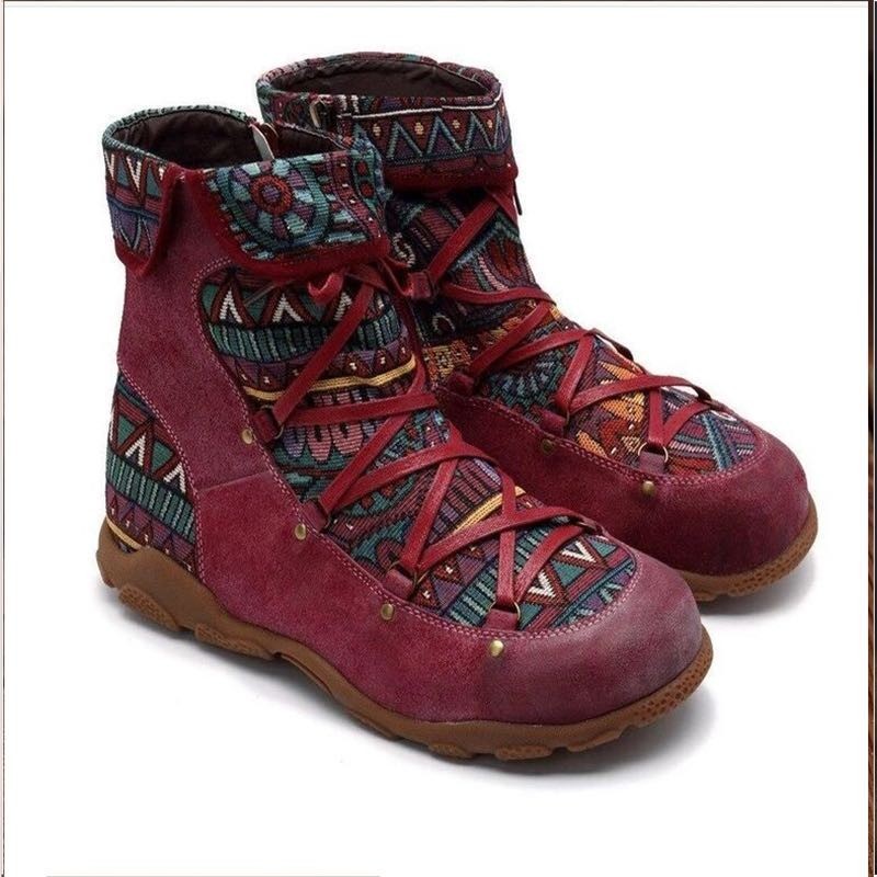 Ethnic Style Large Size Short Boots Women's Fashion Retro Side Zipper Round Head Autumn And Winter Fashion Nude Boots LadyShow.Store