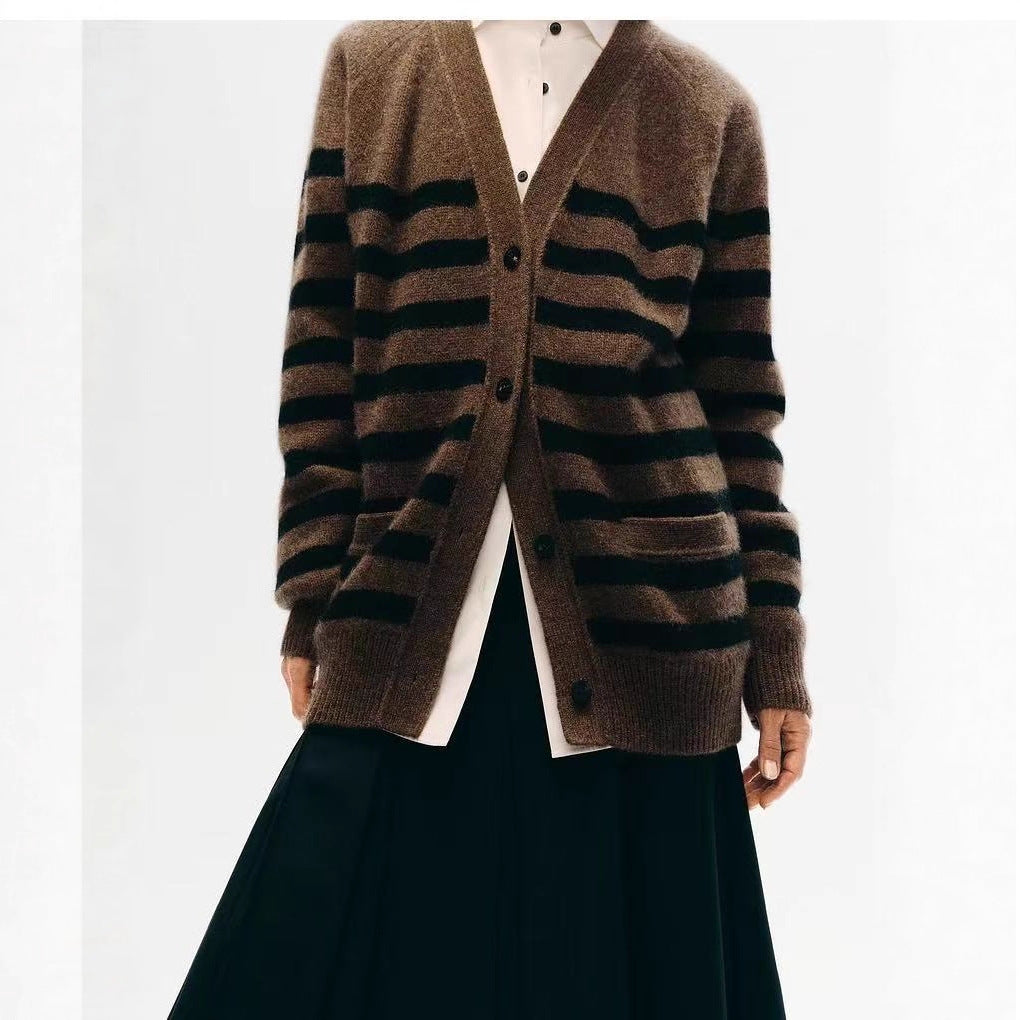 Womens Striped Wool Color-Block Knitted Cardigan Coat Best YouTube Store