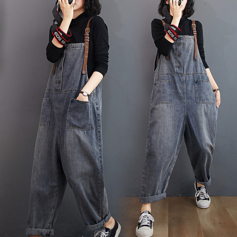 Women's Washed Denim Ninth Overalls Pi-Mart