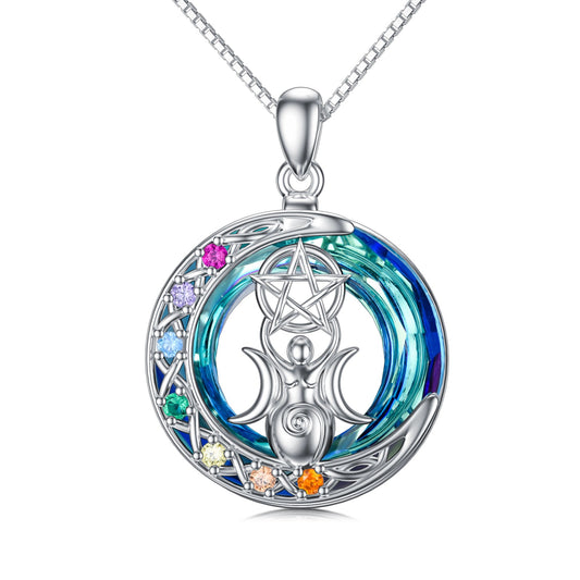 Chakra Triple Moon Goddess Crystal Necklace In White Gold Plated Sterling Silver LadyShow.Store