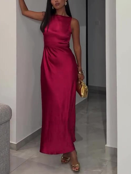 Burgundy Backless Satin Sleeveless Dress NorixaFashion.com