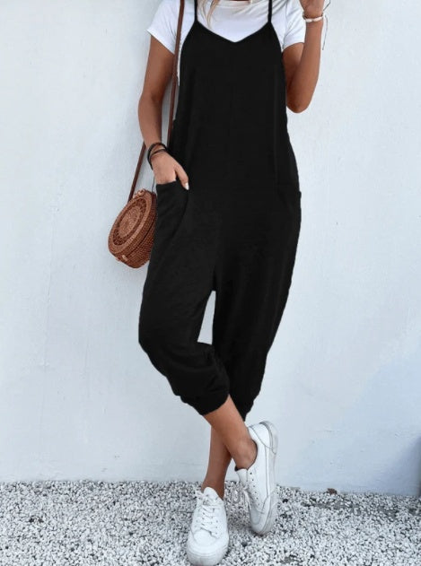 Women's Solid Color Zipper Patch Pocket Sling Jumpsuit For Women LadyShow.Store