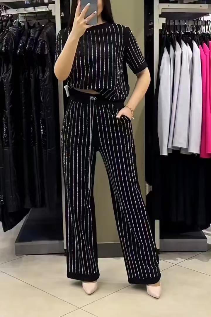 Vertical Striped Rhinestone Top Two-piece Set LadyShow.Store