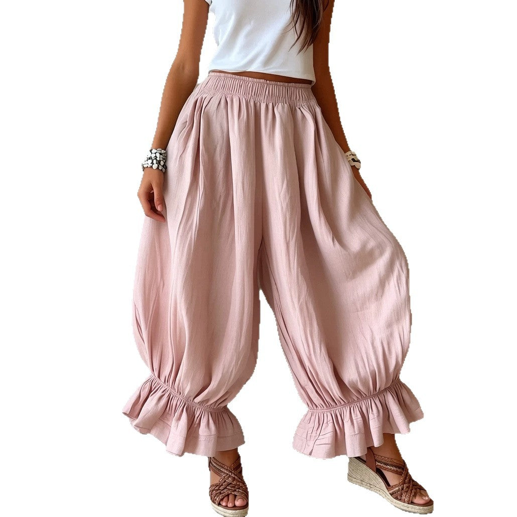 Loose Casual Cotton-linen Flared Pants With Ruffled Hems For Women NorixaFashion.com
