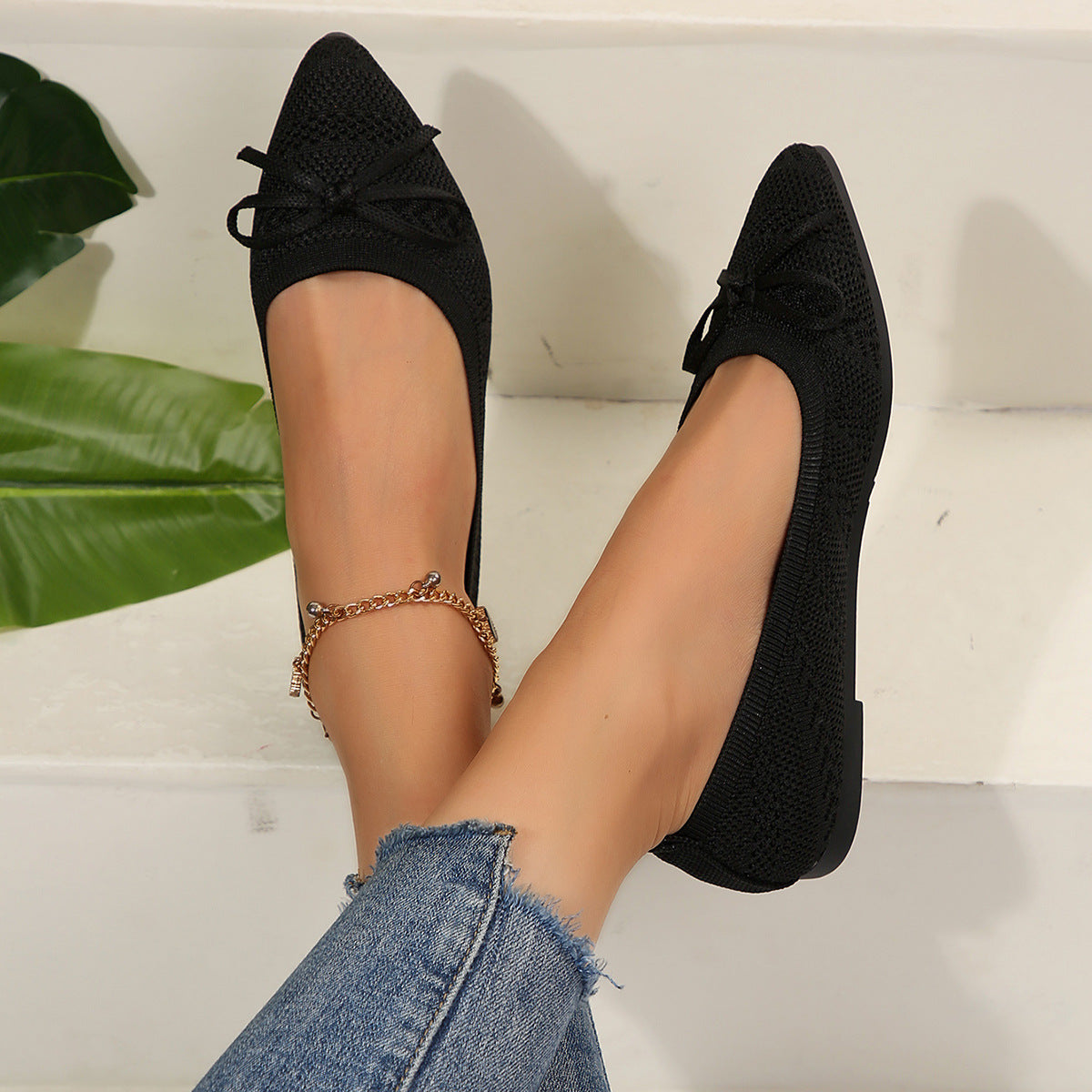 Bow Knitted Loafers Ins Fashion Pointed-toed Flats Shoes For Women CJD