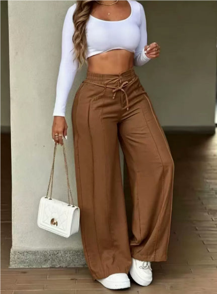 Lace-up Trousers Loose-fit Drawstring Wide-leg Pants With Multiple Pockets NorixaFashion.com