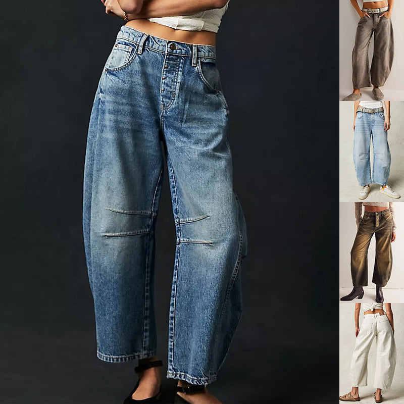 High Stretch Mid-Rise Barrel Jeans Fashion Wide Leg Shape Women Casual Baggy Mid Waist Denim Jeans NorixaFashion.com