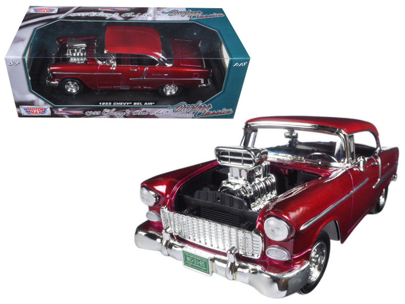 1955 Chevrolet Bel Air Burgundy With Blower Timeless Classics 1/18 Diecast Model Car  by Motormax LuxuryLifeWay Online Store
