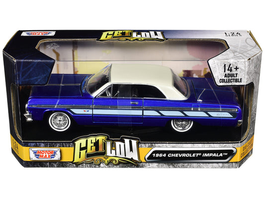 1964 Chevrolet Impala Lowrider Hard Top Candy Blue Metallic with Cream Top "Get Low" Series 1/24 Diecast Model Car by Motormax LuxuryLifeWay Online Store