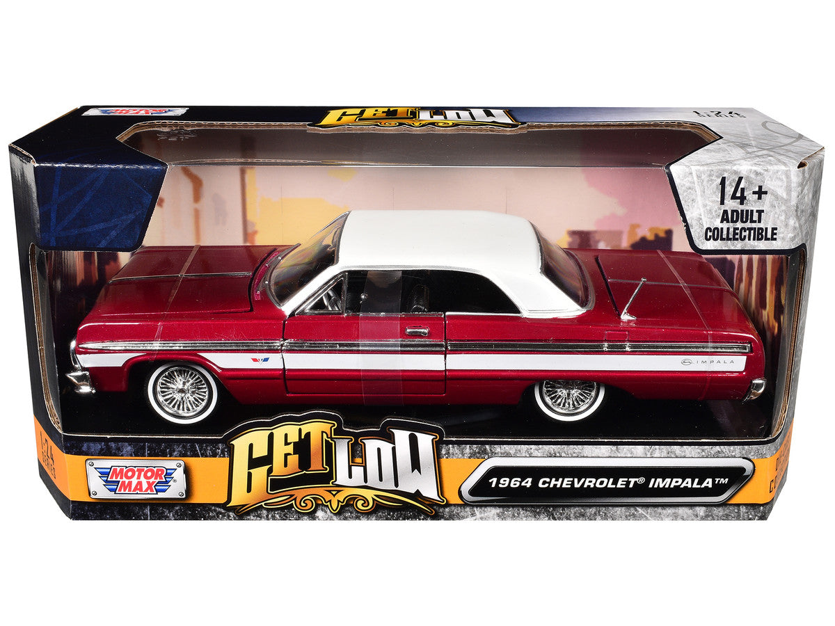 1964 Chevrolet Impala Lowrider Hard Top Candy Red Metallic with White Top "Get Low" Series 1/24 Diecast Model Car by Motormax LuxuryLifeWay Online Store