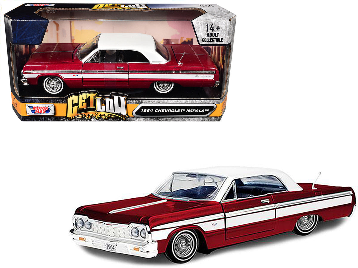 1964 Chevrolet Impala Lowrider Hard Top Candy Red Metallic with White Top "Get Low" Series 1/24 Diecast Model Car by Motormax LuxuryLifeWay Online Store