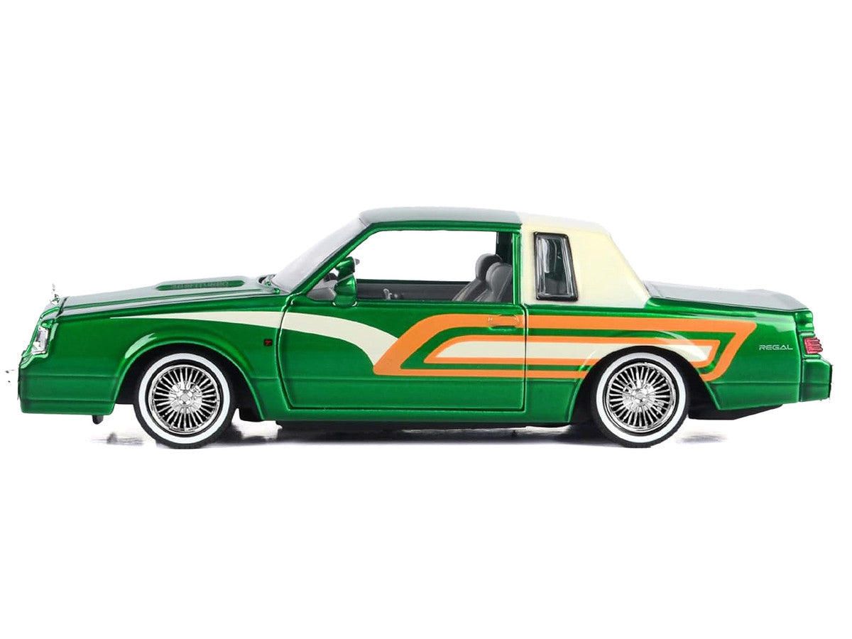 1987 Buick Regal 3.8 SFI Turbo Green Metallic and Cream with Graphics "Get Low" Series 1/24 Diecast Model Car by Motormax LuxuryLifeWay Online Store