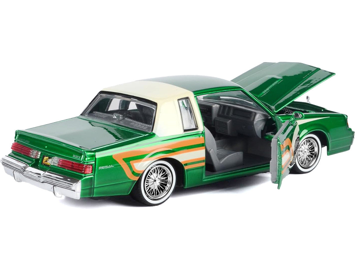 1987 Buick Regal 3.8 SFI Turbo Green Metallic and Cream with Graphics "Get Low" Series 1/24 Diecast Model Car by Motormax LuxuryLifeWay Online Store