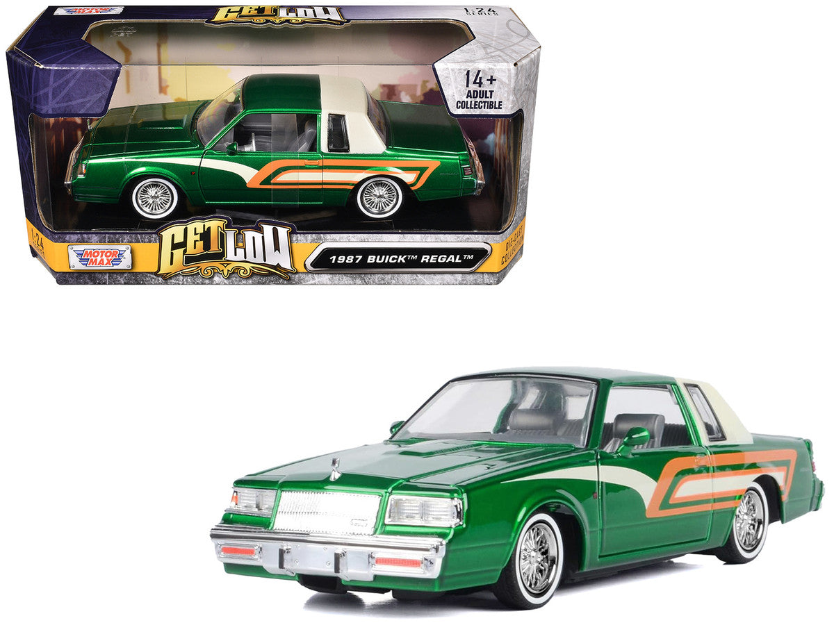 1987 Buick Regal 3.8 SFI Turbo Green Metallic and Cream with Graphics "Get Low" Series 1/24 Diecast Model Car by Motormax LuxuryLifeWay Online Store