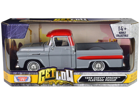 1958 Chevrolet Apache Fleetside Pickup Truck Lowrider Gray with Red Top "Get Low" Series 1/24 Diecast Model Car by Motormax LuxuryLifeWay Online Store