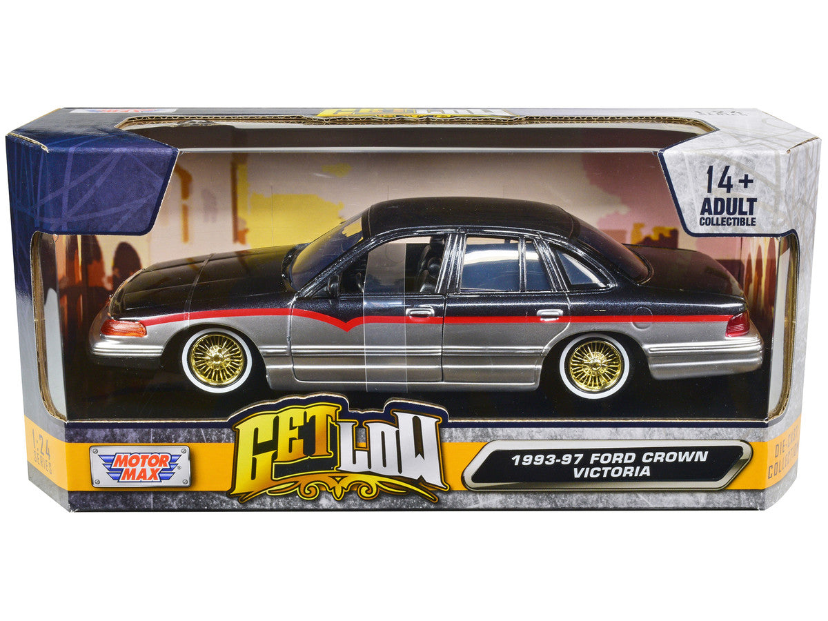 1993-1997 Ford Crown Victoria Lowrider Black Metallic and Silver with Red Stripes "Get Low" Series 1/24 Diecast Model Car by Motormax LuxuryLifeWay Online Store