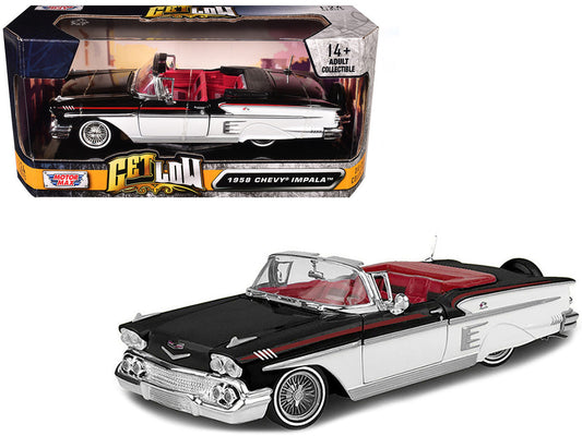1958 Chevrolet Impala Convertible Lowrider Black and White with Red Interior "Get Low" Series 1/24 Diecast Model Car by Motormax LuxuryLifeWay Online Store