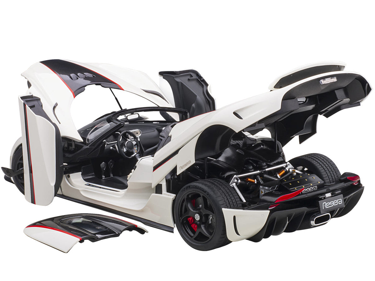Koenigsegg Regera White with Black Carbon and Red Stripes 1/18  Model Car by Autoart LuxuryLifeWay Online Store