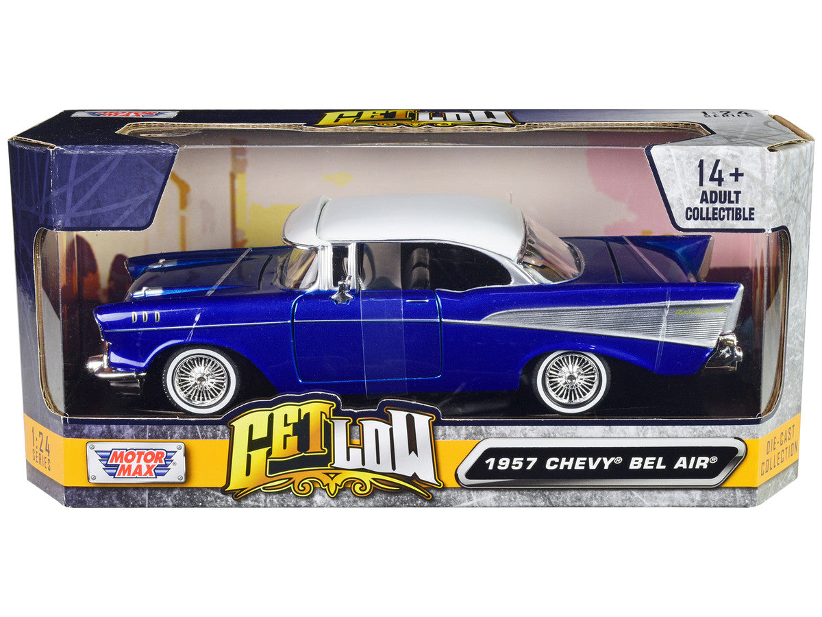 1957 Chevrolet Bel Air Lowrider Candy Blue with White Top "Get Low" Series 1/24 Diecast Model Car by Motormax LuxuryLifeWay Online Store