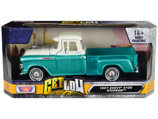 1957 Chevrolet 3100 Stepside Pickup Truck Lowrider Turquoise Metallic and White with White Interior "Get Low" Series 1/24 Diecast Model Car by Motormax LuxuryLifeWay Online Store