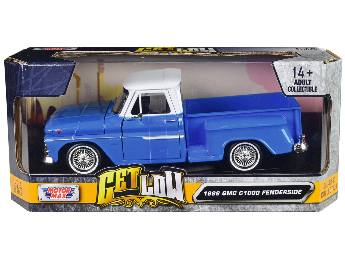 1966 GMC C1000 Fenderside Pickup Truck Lowrider Blue with White Top "Get Low" Series 1/24 Diecast Model Car by Motormax LuxuryLifeWay Online Store