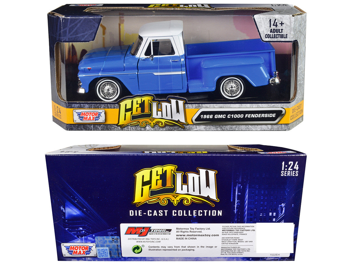 1966 GMC C1000 Fenderside Pickup Truck Lowrider Blue with White Top "Get Low" Series 1/24 Diecast Model Car by Motormax LuxuryLifeWay Online Store