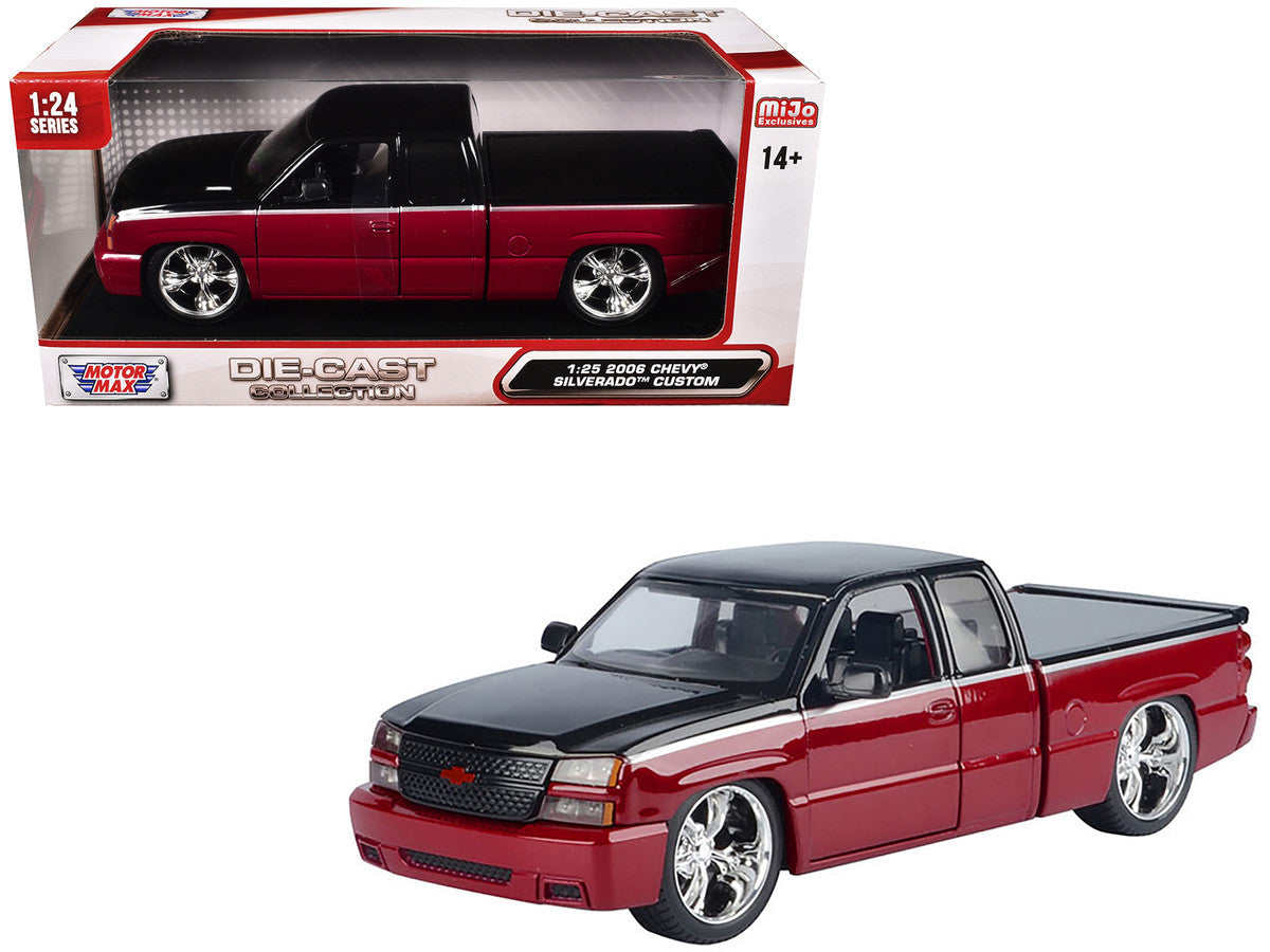 2006 Chevrolet Silverado Custom Pickup Truck Red Metallic and Black with Silver Stripes "Die-Cast Collection" Series 1/25 Diecast Model Car by Motormax LuxuryLifeWay Online Store